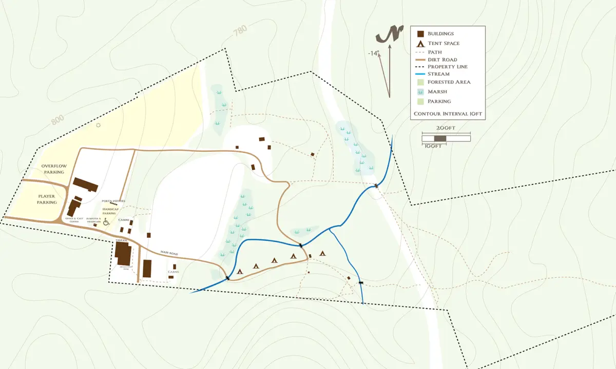 Camp site venue property map showing event spaces, cabins, and trails